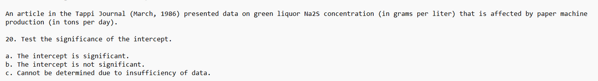 An article in the Tappi Journal (March, 1986) presented data on green liquor Na2S concentration (in grams per liter) that is affected by paper machine
production (in tons per day).
20. Test the significance of the intercept.
a. The intercept is significant.
b. The intercept is not significant.
c. Cannot be determined due to insufficiency of data.
