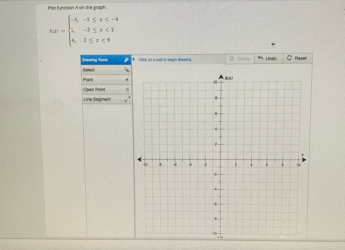 Plot function h on the graph.
|-6, -9 < 1 < -4
ん(土) = <1,
-3 < I < 2
4,
3 < I < 8
Drawing Tools
( Click on a tool to begin drawing.
8 Deleral
A Undo
A Reset
Select
A b(x)
10-
Point
Open Point
Line Segment
8-
6-
4-
2-
10
-8
-6
L4
2
10
-2-
-4.
-6-
-8-
