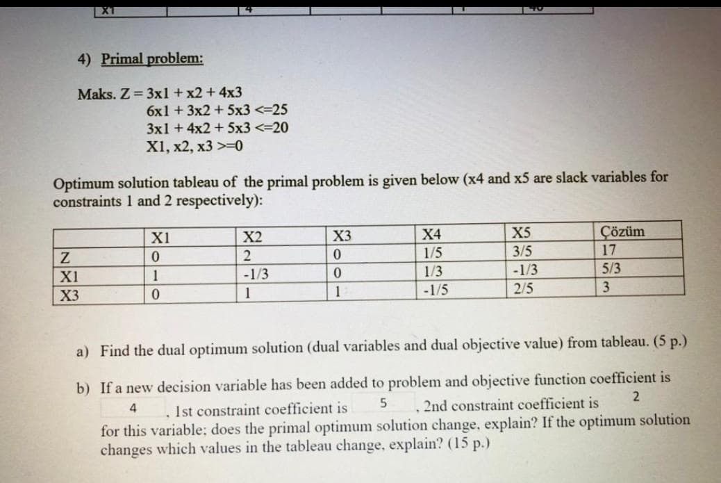 4) Primal problem:
Maks. Z = 3x1 + x2 + 4x3
6x1 + 3x2 + 5x3 <=25
3x1 + 4x2 + 5x3 <=20
X1, x2, x3 >=0
Optimum solution tableau of the primal problem is given below (x4 and x5 are slack variables for
constraints 1 and 2 respectively):
Z
X1
X3
X1
0
1
0
X2
2
-1/3
1
X3
0
0
1
X4
1/5
1/3
-1/5
X5
3/5
372
-1/3
2/5
Çözüm
17
5/3
3
a) Find the dual optimum solution (dual variables and dual objective value) from tableau. (5 p.)
b) If a new decision variable has been added to problem and objective function coefficient is
1st constraint coefficient is
4
5
2
, 2nd constraint coefficient is
for this variable; does the primal optimum solution change, explain? If the optimum solution
changes which values in the tableau change, explain? (15 p.)