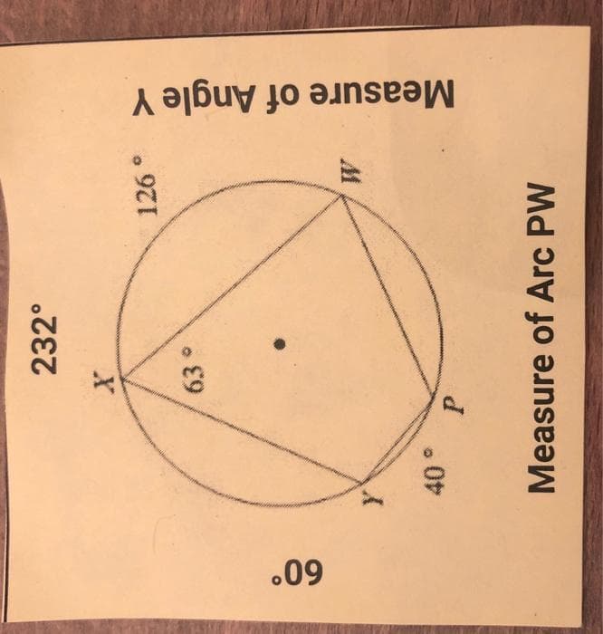 .09
232°
X
63°
P
126 °
Measure of Arc PW
Measure of Angle Y