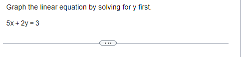 Graph the linear equation by solving for y first.
5x + 2y = 3