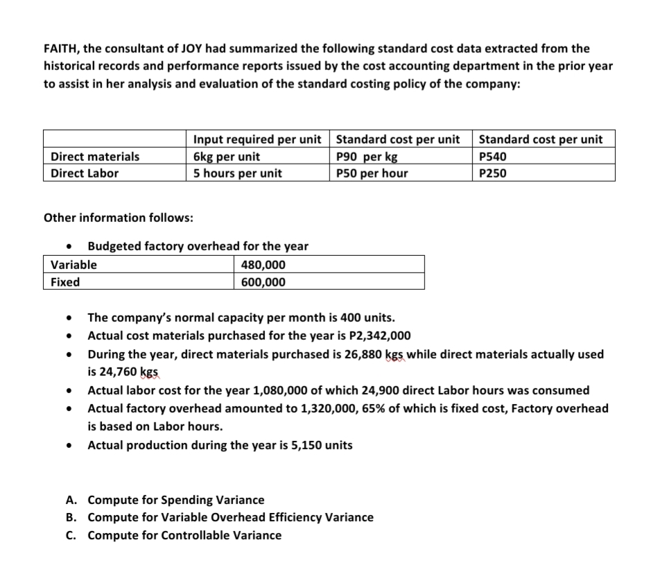 FAITH, the consultant of JOY had summarized the following standard cost data extracted from the
historical records and performance reports issued by the cost accounting department in the prior year
to assist in her analysis and evaluation of the standard costing policy of the company:
Input required per unit Standard cost per unit Standard cost per unit
6kg per unit
5 hours per unit
Direct materials
P90 per kg
P540
Direct Labor
P50 per hour
P250
Other information follows:
• Budgeted factory overhead for the year
Variable
480,000
Fixed
600,000
The company's normal capacity per month is 400 units.
Actual cost materials purchased for the year is P2,342,000
• During the year, direct materials purchased is 26,880 kgs while direct materials actually used
is 24,760 kgs
Actual labor cost for the year 1,080,000 of which 24,900 direct Labor hours was consumed
Actual factory overhead amounted to 1,320,000, 65% of which is fixed cost, Factory overhead
is based on Labor hours.
Actual production during the year is 5,150 units
A. Compute for Spending Variance
B. Compute for Variable Overhead Efficiency Variance
C. Compute for Controllable Variance
