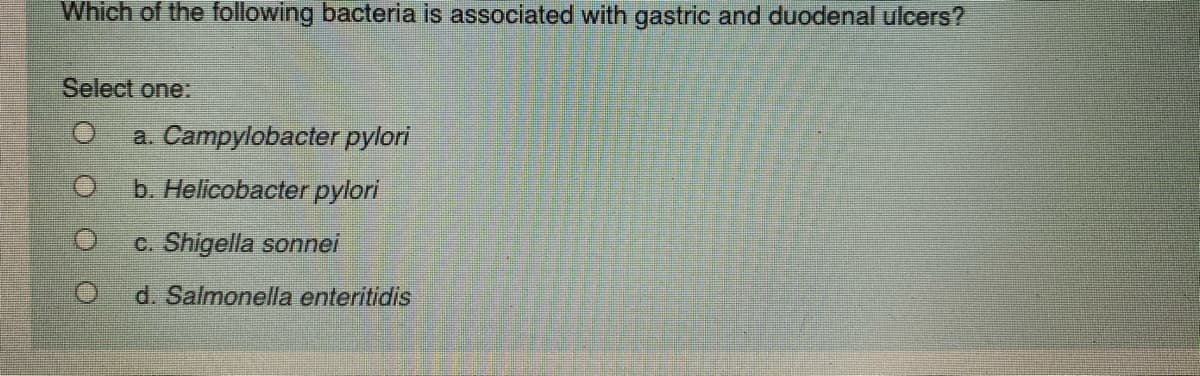 Which of the following bacteria is associated with gastric and duodenal ulcers?
Select one:
a. Campylobacter pylori
b. Helicobacter pylori
C. Shigella sonnei
d. Salmonella enteritidis
