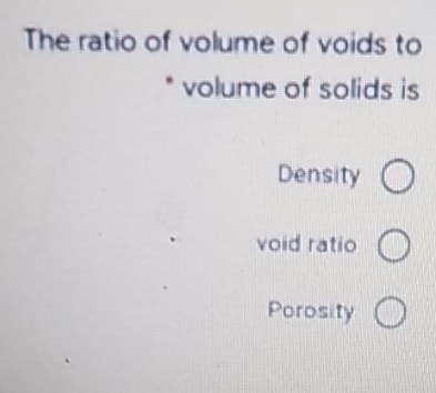 The ratio of volume of voids to
* volume of solids is
Density O
void ratio
Porosity
O O
