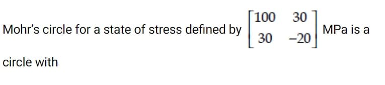 100
30
Mohr's circle for a state of stress defined by
30
-20
MPa is a
circle with
