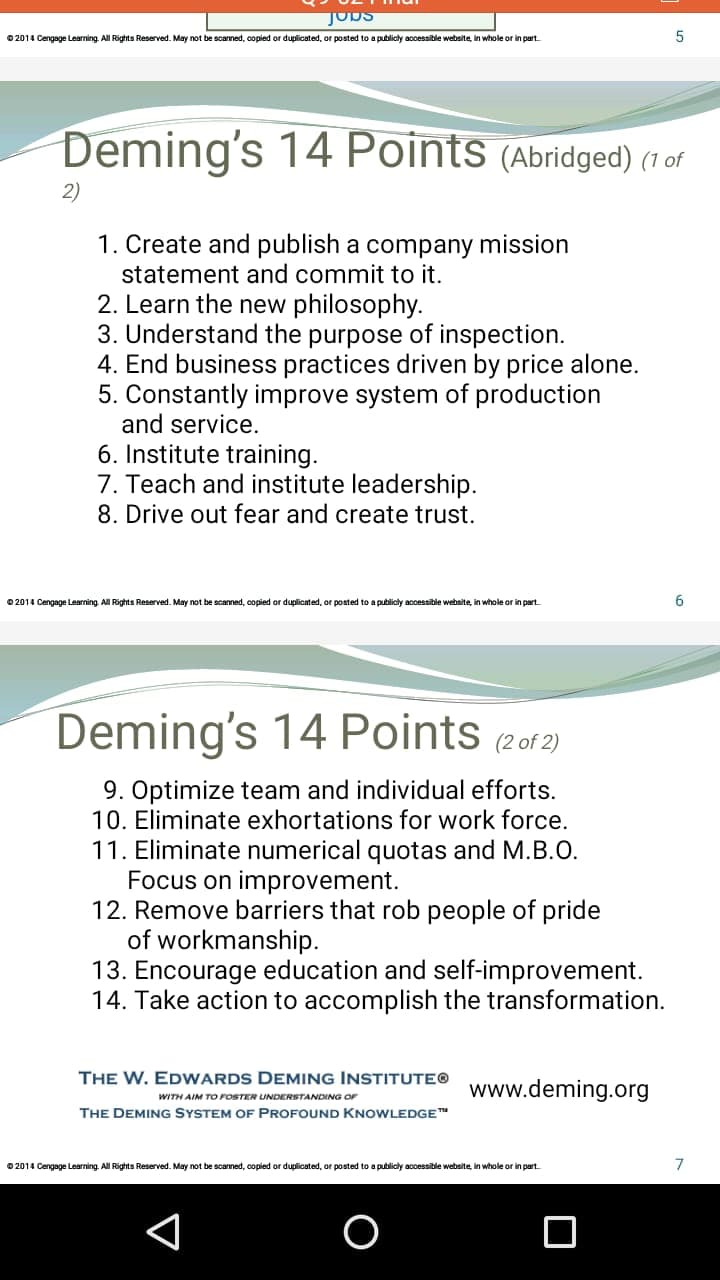 Jobs
0 2014 Cengage Learning. All Rights Reserved. May not be scanned, copied or duplicated, or posted to a publicly accessible website, in whole or in part.
Deming's 14 Points (Abridged) (1 of
2)
1. Create and publish a company mission
statement and commit to it.
2. Learn the new philosophy.
3. Understand the purpose of inspection.
4. End business practices driven by price alone.
5. Constantly improve system of production
and service.
6. Institute training.
7. Teach and institute leadership.
8. Drive out fear and create trust.
0 2014 Cengage Learning. All Rights Reserved. May not be scanned, copied or duplicated, or posted to a publicly accessible webnite, in whole or in part
Deming's 14 Points (2of2)
9. Optimize team and individual efforts.
10. Eliminate exhortations for work force.
11. Eliminate numerical quotas and M.B..
Focus on improvement.
12. Remove barriers that rob people of pride
of workmanship.
13. Encourage education and self-improvement.
14. Take action to accomplish the transformation.
THE W. EDWARDS DEMING INSTITUTE®
www.deming.org
WITH AIM TO FOSTER UNDERSTANDING OF
THE DEMING SYSTEM OF PROFOUND KNOWLEDGE"
0 2014 Cengage Learning. All Rights Reserved. May not be scanned, copied or duplicated, or posted to a publicly accessible website, in whole or in part.
