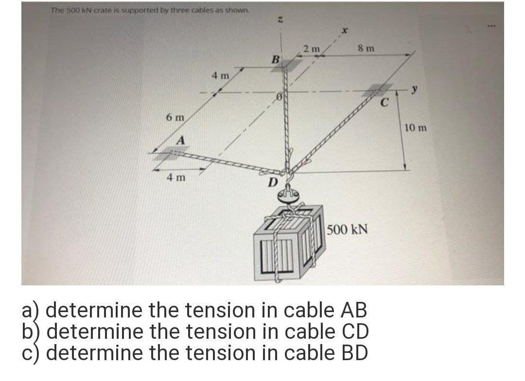 The 500 kN crate is supported by three cables as shown.
2 m
8 m
4 m
6 m
10 m
4 m
500 kN
a) determine the tension in cable AB
b) determine the tension in cable CD
c) determine the tension in cable BD
