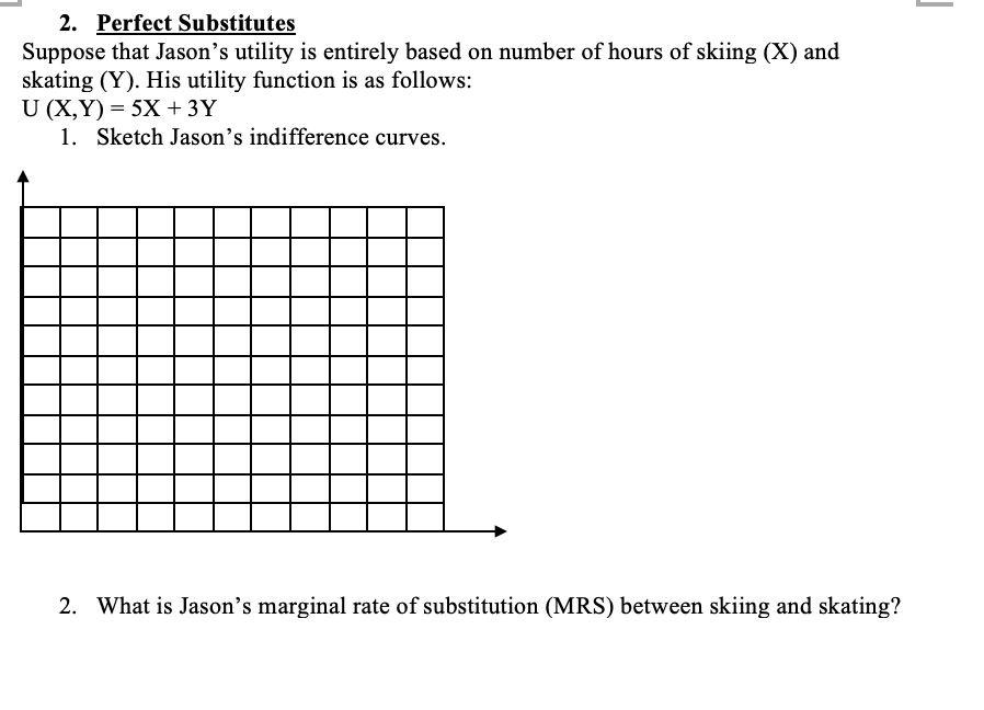 2. Perfect Substitutes
Suppose that Jason's utility is entirely based on number of hours of skiing (X) and
skating (Y). His utility function is as follows:
U (X,Y)= 5X + 3Y
1. Sketch Jason's indifference curves.
2. What is Jason's marginal rate of substitution (MRS) between skiing and skating?