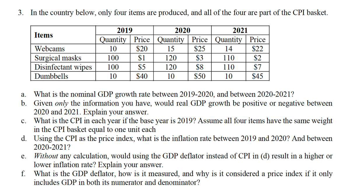 3. In the country below, only four items are produced, and all of the four are part of the CPI basket.
C.
a. What is the nominal GDP growth rate between 2019-2020, and between 2020-2021?
b. Given only the information you have, would real GDP growth be positive or negative between
2020 and 2021. Explain your answer.
What is the CPI in each year if the base year is 2019? Assume all four items have the same weight
in the CPI basket equal to one unit each
d. Using the CPI as the price index, what is the inflation rate between 2019 and 2020? And between
2020-2021?
e.
2019
2020
2021
Quantity Price Quantity | Price | Quantity | Price
10
$20
15
$25
14
$22
$1
120
$3
110
$2
$5
120
$8
110
$7
$40
10
$50
10
$45
f.
Items
Webcams
Surgical masks
100
Disinfectant wipes 100
Dumbbells
10
Without any calculation, would using the GDP deflator instead of CPI in (d) result in a higher or
lower inflation rate? Explain your answer.
What is the GDP deflator, how is it measured, and why is it considered a price index if it only
includes GDP in both its numerator and denominator?