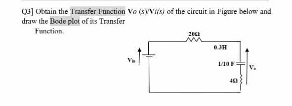 Q3] Obtain the Transfer Function Vo (s)/Vi(s) of the circuit in Figure below and
draw the Bode plot of its Transfer
Function.
200
0.3H
1/10 F
42
