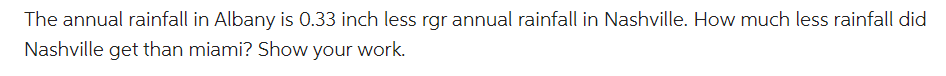 The annual rainfall in Albany is 0.33 inch less rgr annual rainfall in Nashville. How much less rainfall did
Nashville get than miami? Show your work.