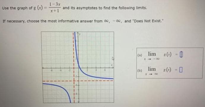 1-3x
Use the graph of g (x) =
x+1
and its asymptotes to find the following limits.
%3D
If necessary, choose the most informative answer from 00, - o0, and "Does Not Exist."
(o) lim () 0
!3!
(b)
lim () - 0
%3D
X- 00
