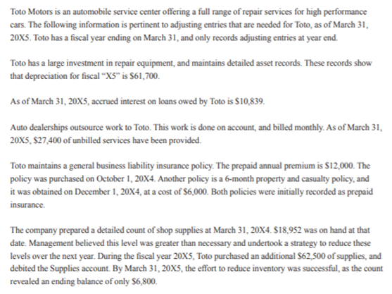 Toto Motors is an automobile service center offering a full range of repair services for high performance
cars. The following information is pertinent to adjusting entries that are needed for Toto, as of March 31,
20X5. Toto has a fiscal year ending on March 31, and only records adjusting entries at year end.
Toto has a large investment in repair equipment, and maintains detailed asset records. These records show
that depreciation for fiscal "XS" is $61,700.
As of March 31, 20X5, accrued interest on loans owed by Toto is $10,839.
Auto dealerships outsource work to Toto. This work is done on account, and billed monthly. As of March 31,
20X5, S27,400 of unbilled services have been provided.
Toto maintains a general business liability insurance policy. The prepaid annual premium is $12,000. The
policy was purchased on October 1, 20X4. Another policy is a 6-month property and casualty policy, and
it was obtained on December 1, 20X4, at a cost of $6,000. Both policies were initially recorded as prepaid
insurance.
The company prepared a detailed count of shop supplies at March 31, 20X4. $18,952 was on hand at that
date. Management believed this level was greater than necessary and undertook a strategy to reduce these
levels over the next year. During the fiscal year 20X5, Toto purchased an additional S62,500 of supplies, and
debited the Supplies account. By March 31, 20xs, the effort to reduce inventory was successful, as the count
revealed an ending balance of only $6,800.
