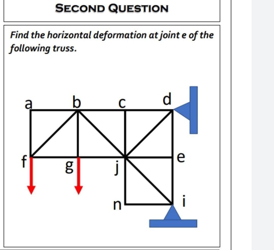 SECOND QUESTION
Find the horizontal deformation at joint e of the
following truss.
d
e
in
-
