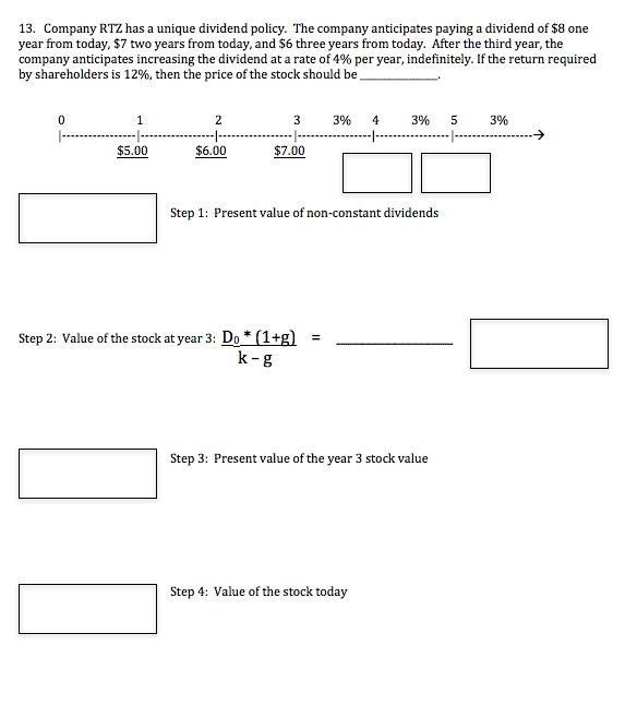13. Company RTZ has a unique dividend policy. The company anticipates paying a dividend of $8 one
year from today, $7 two years from today, and $6 three years from today. After the third year, the
company anticipates increasing the dividend at a rate of 4% per year, indefinitely. If the return required
by shareholders is 12%, then the price of the stock should be
0
1
2
3%
4
3%
5
3%
$5.00
$6.00
$7.00
Step 1: Present value of non-constant dividends
Step 2: Value of the stock at year 3: Do * (1+g)
k-g
=
Step 3: Present value of the year 3 stock value
Step 4: Value of the stock today
