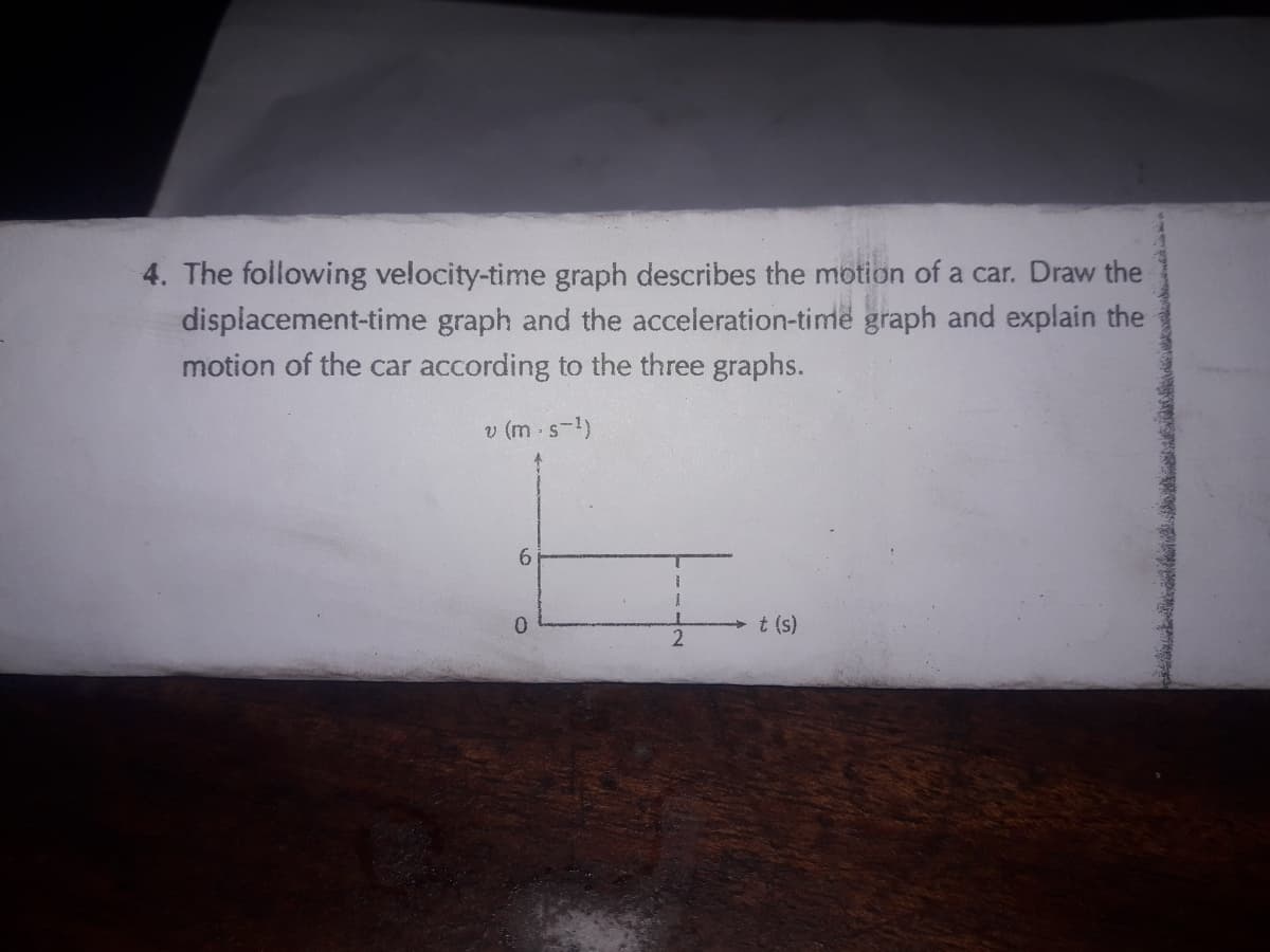 4. The following velocity-time graph describes the motion of a car. Draw the
displacement-time graph and the acceleration-time graph and explain the
motion of the car according to the three graphs.
v (m s-1)
0.
t (s)
2
