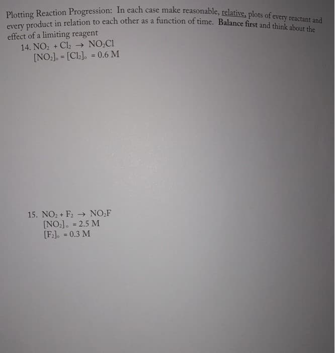 Plotting Reaction Progression: In each case make reasonable, relative, plots of every reactant and
every product in relation to each other as a function of time. Balance first and think about the
effect of a limiting reagent
14. NO2 + Cl2 → NO:C1
[NO:]. = [Cl], = 0.6 M
%3D
15. NO2 + F2 - NO,F
[NO:]. = 2.5 M
[F]. = 0.3 M
%3D
%3D
