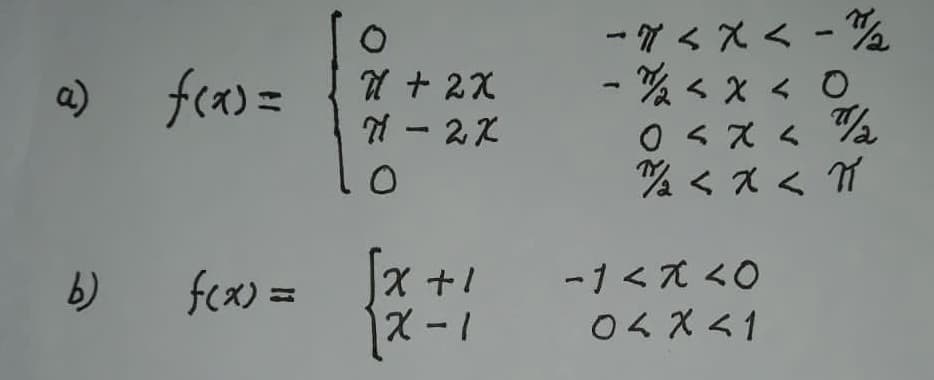 -7くXく -%
- くx< ○
0<ズく%
%くズく
fea)=
1 + 2X
N-2ズ
-1<ズく0
0くXく1
b)
fea) =
X+1
スー
X-1
