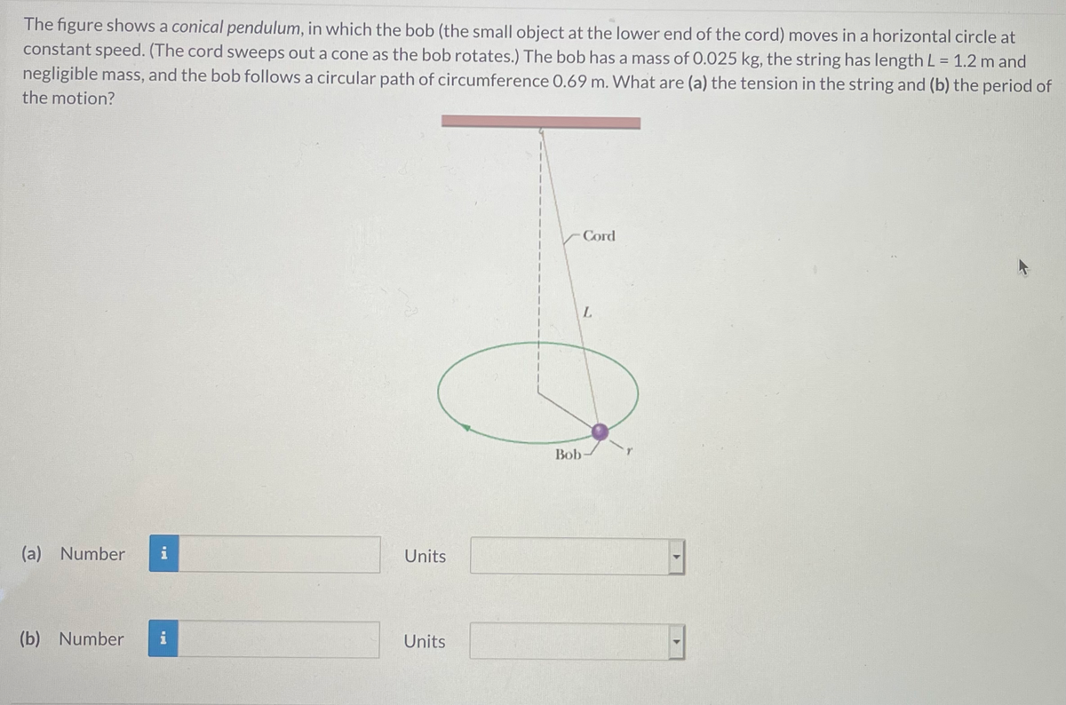 The figure shows a conical pendulum, in which the bob (the small object at the lower end of the cord) moves in a horizontal circle at
constant speed. (The cord sweeps out a cone as the bob rotates.) The bob has a mass of 0.025 kg, the string has length L = 1.2 m and
negligible mass, and the bob follows a circular path of circumference 0.69 m. What are (a) the tension in the string and (b) the period of
%3!
the motion?
Cord
L.
Bob
(a) Number
i
Units
(b) Number
i
Units
