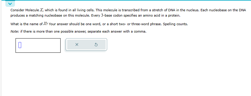 Consider Molecule X, which is found in all living cells. This molecule is transcribed from a stretch of DNA in the nucleus. Each nucleobase on the DNA
produces a matching nucleobase on this molecule. Every 3-base codon specifies an amino acid in a protein.
What is the name of X? Your answer should be one word, or a short two- or three-word phrase. Spelling counts.
Note: if there is more than one possible answer, separate each answer with a comma.
0
X
Ś