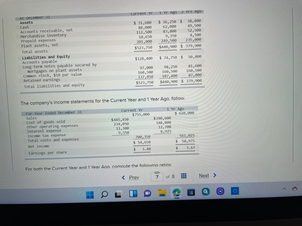 At December 31
Current Yr
1 Yr Ago 2 Yrs Ago
Assets
Cash
Accounts receivable, net
Merchandise inventory
Prepaid expenses
Plant assets, net
$ 31,600
88,000
112,500
10,650
281,000
$ 36,250 $
62,000
83,800
9,350
249,500
38,400
49,500
52,500
4,500
235,000
Total assets
$523,750
$440,900 $ 379,900
Liabilities and Equity
Accounts payable
Long-term notes payable secured by
mortgages on plant assets
Common stock, $10 par value
Retained earnings
Total liabilities and equity
$128,400
$ 74,750 $
50,800
97,000
160,500
137,850
98,250
160, 500
107,400
81,600
160,500
87,000
$523,750
$440,900 $ 379,900
The company's income statements for the Current Year and 1 Year Ago, follow.
For Year Ended December 31
Sales
1 Yr Ago
$ 620,000
Current Yr
$755,000
Cost of goods sold
other operating expenses
Interest expense
Income tax expense
Total costs and expenses
$445,450
234,050
11,300
9,550
$390,600
148,800
12,700
8,925
700,350
$ 54,650
561,025
$ 58,975
Net income
Earnings per share
%$4
3.40
2$
3.67
For both the Current Year and 1 Year Aao. compute the followina ratios:
%2S
< Prev
of 8
Next >
