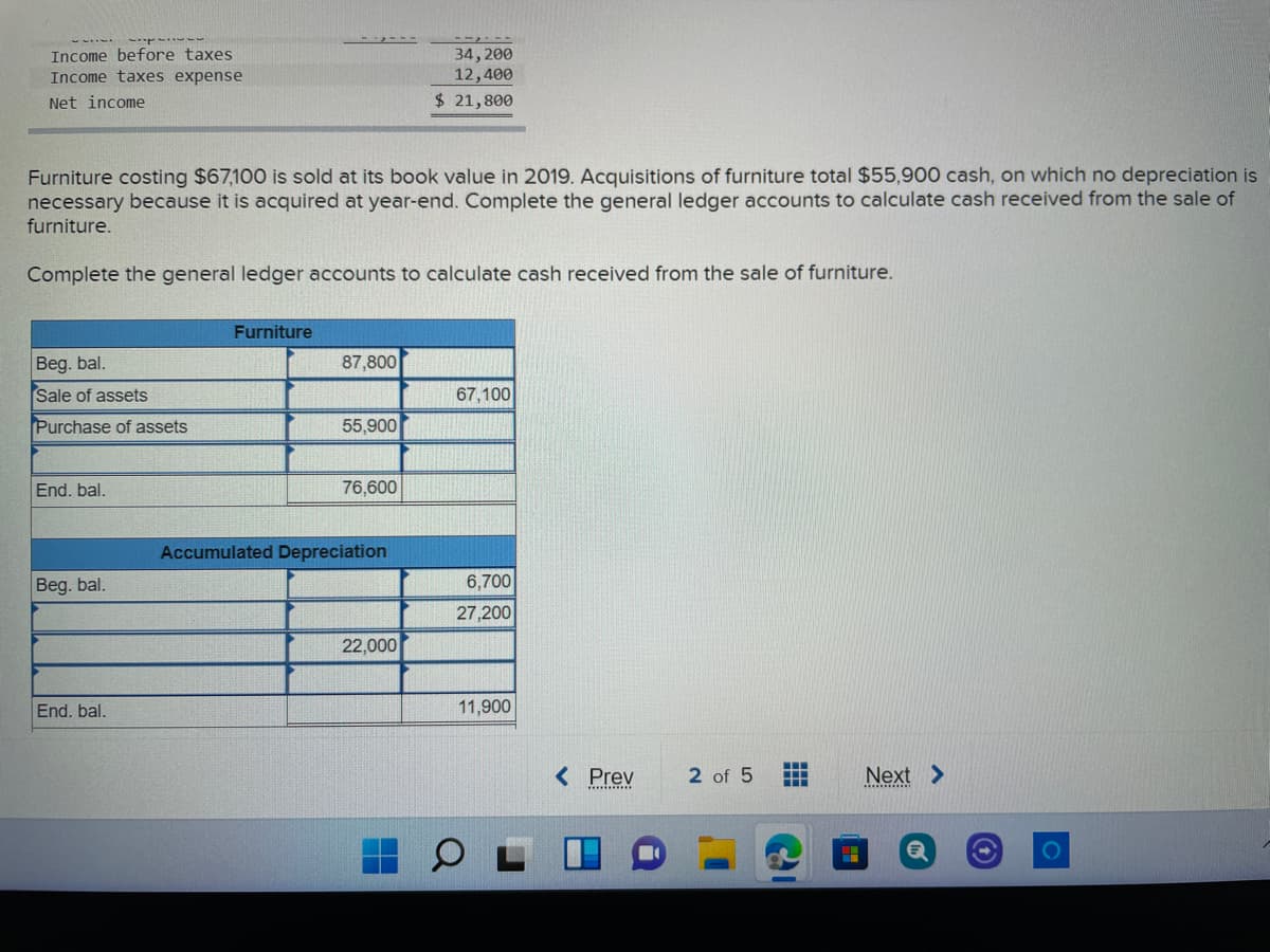 Income before taxes
Income taxes expense
34,200
12,400
Net income
$ 21,800
Furniture costing $67,100 is sold at its book value in 2019. Acquisitions of furniture total $55,900 cash, on which no depreciation is
necessary because it is acquired at year-end. Complete the general ledger accounts to calculate cash received from the sale of
furniture.
Complete the general ledger accounts to calculate cash received from the sale of furniture.
Furniture
Beg. bal.
87,800
Sale of assets
67,100
Purchase of assets
55,900
End. bal.
76,600
Accumulated Depreciation
Beg. bal.
6,700
27,200
22,000
End. bal.
11,900
< Prev
2 of 5
Next >
