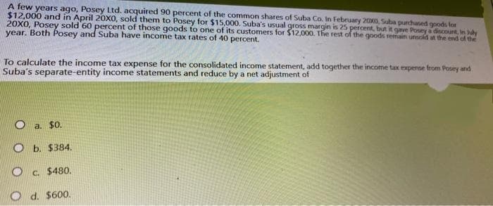 A few years ago, Posey Ltd. acquired 90 percent of the common shares of Suba Co. In February 2000, Suba purchased goods for
$12,000 and in April 20X0, sold them to Posey for $15,000. Suba's usual gross margin is 25 percent, but it gave Posey a discount, In July
20X0, Posey sold 60 percent of those goods to one of its customers for $12,000. The rest of the goods remain unsold at the end of the
year. Both Posey and Suba have income tax rates of 40 percent.
To calculate the income tax expense for the consolidated income statement, add together the income tax expense from Posey and
Suba's separate-entity income statements and reduce by a net adjustment of
a. $0.
Ob. $384.
Oc. $480.
d. $600.