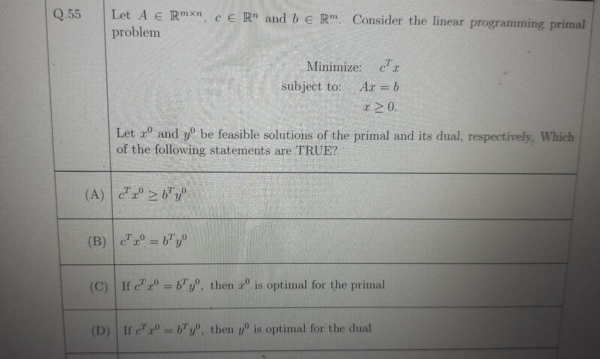 Q.55
Let A E Rmxn, ce R and be Rm. Consider the linear programming primal
problem
(A) cºby
Minimize
(B)| cxº = b¹y⁰
subject to:
Let x and y be feasible solutions of the primal and its dual, respectively. Which
of the following statements are TRUE?
Az = b
x 20.
(C) If cx = by, then is optimal for the primal
(D) If crº= by, then yº is optimal for the dual