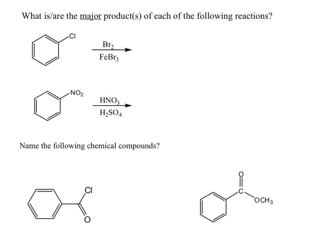 What is/are the major product(s) of each of the following reactions?
-CI
Br2
FeBr3
NO2
HNO3
H,SO4
Name the following chemical compounds?
os
OCH3
