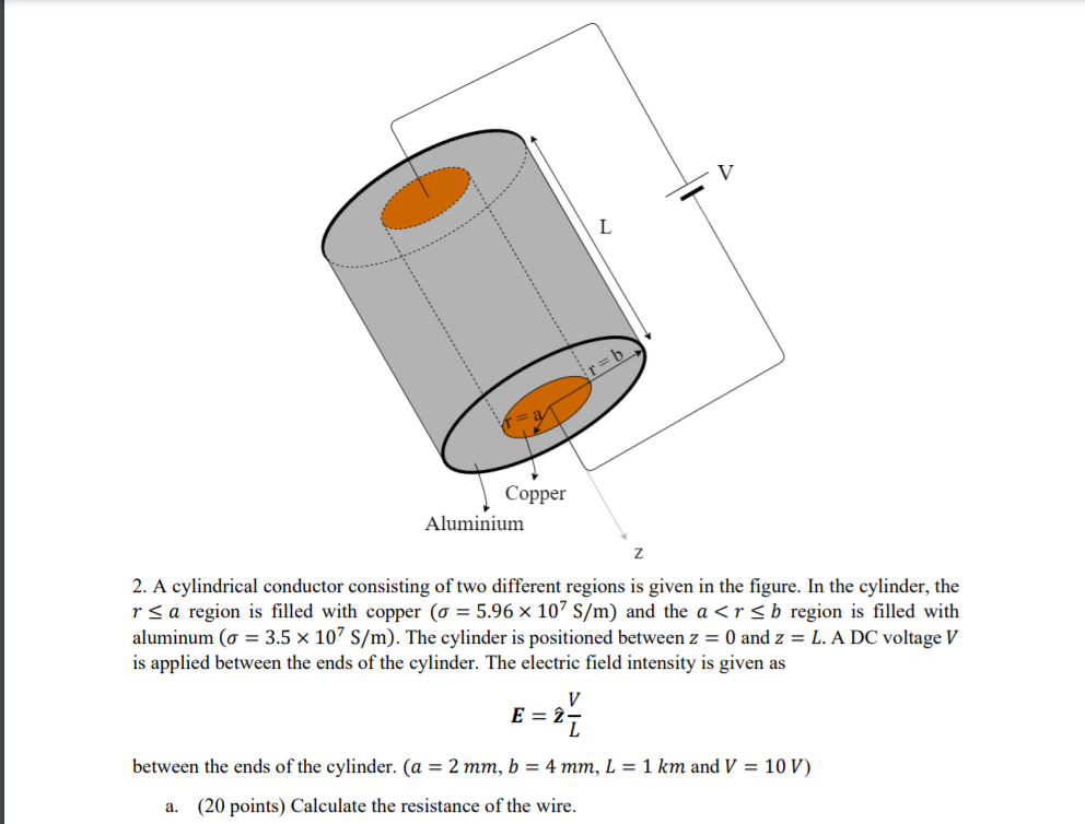 V
Copper
Aluminium
2. A cylindrical conductor consisting of two different regions is given in the figure. In the cylinder, the
r< a region is filled with copper (o = 5.96 x 107 S/m) and the a <r <b region is filled with
aluminum (o = 3.5 × 107 S/m). The cylinder is positioned between z = 0 and z = L. A DC voltage V
is applied between the ends of the cylinder. The electric field intensity is given as
V
E = 2-
between the ends of the cylinder. (a = 2 mm, b = 4 mm, L = 1 km and V = 10 V)
(20 points) Calculate the resistance of the wire.
а.
