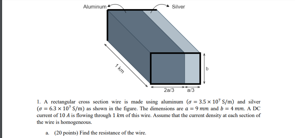 Silver
Aluminum
1 km
a/3
2a/3
1. A rectangular cross section wire is made using aluminum (o = 3.5 × 107 S/m) and silver
(o = 6.3 × 10" s/m) as shown in the figure. The dimensions are a = 9 mm and b = 4 mm. A DC
current of 10 A is flowing through 1 km of this wire. Assume that the current density at each section of
the wire is homogeneous.
a. (20 points) Find the resistance of the wire.
