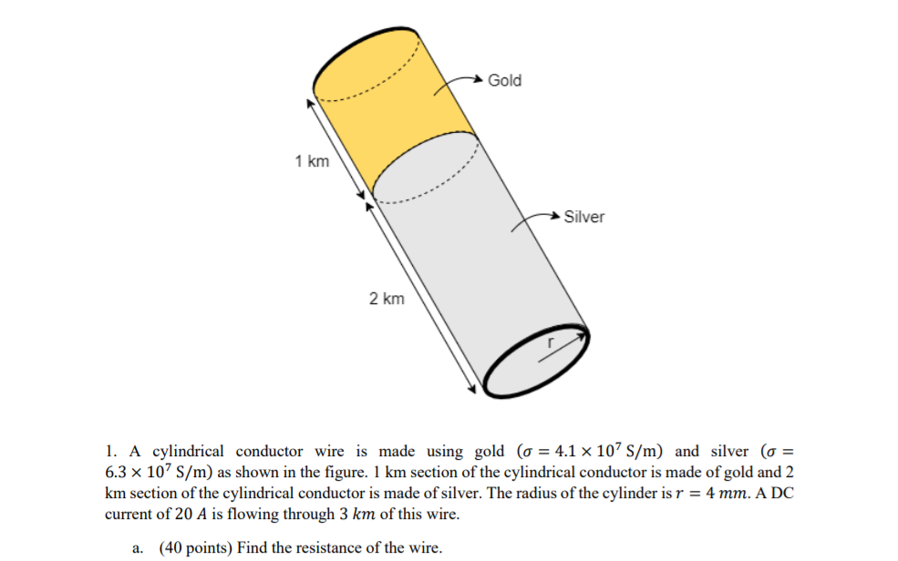 → Gold
1 km
Silver
2 km
1. A cylindrical conductor wire is made using gold (o = 4.1 × 107 S/m) and silver (o =
6.3 × 107 S/m) as shown in the figure. 1 km section of the cylindrical conductor is made of gold and 2
km section of the cylindrical conductor is made of silver. The radius of the cylinder is r = 4 mm. A DC
current of 20 A is flowing through 3 km of this wire.
(40 points) Find the resistance of the wire.
a.
