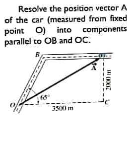 Resolve the position vector A
of the car (measured from fixed
point 0) into components
parallel to OB and OC.
6,5
3500 m
