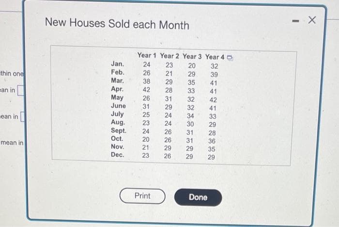 thin one
ean in
ean in
mean in
New Houses Sold each Month
Jan.
Feb.
Mar.
Apr.
May
26
31
25
23
24
20
Nov. 21
Dec.
23
June
July
Aug.
Year 1 Year 2 Year 3 Year 4
24
23
20
26
21
29
38
29
35
42
28
33
31 32
29
24
24
Sept.
Oct.
Print
26
26
29
26
32
34
30
31
31
29
29
Done
32
39
41
41
42
41
33
29
28
36
35
29
X