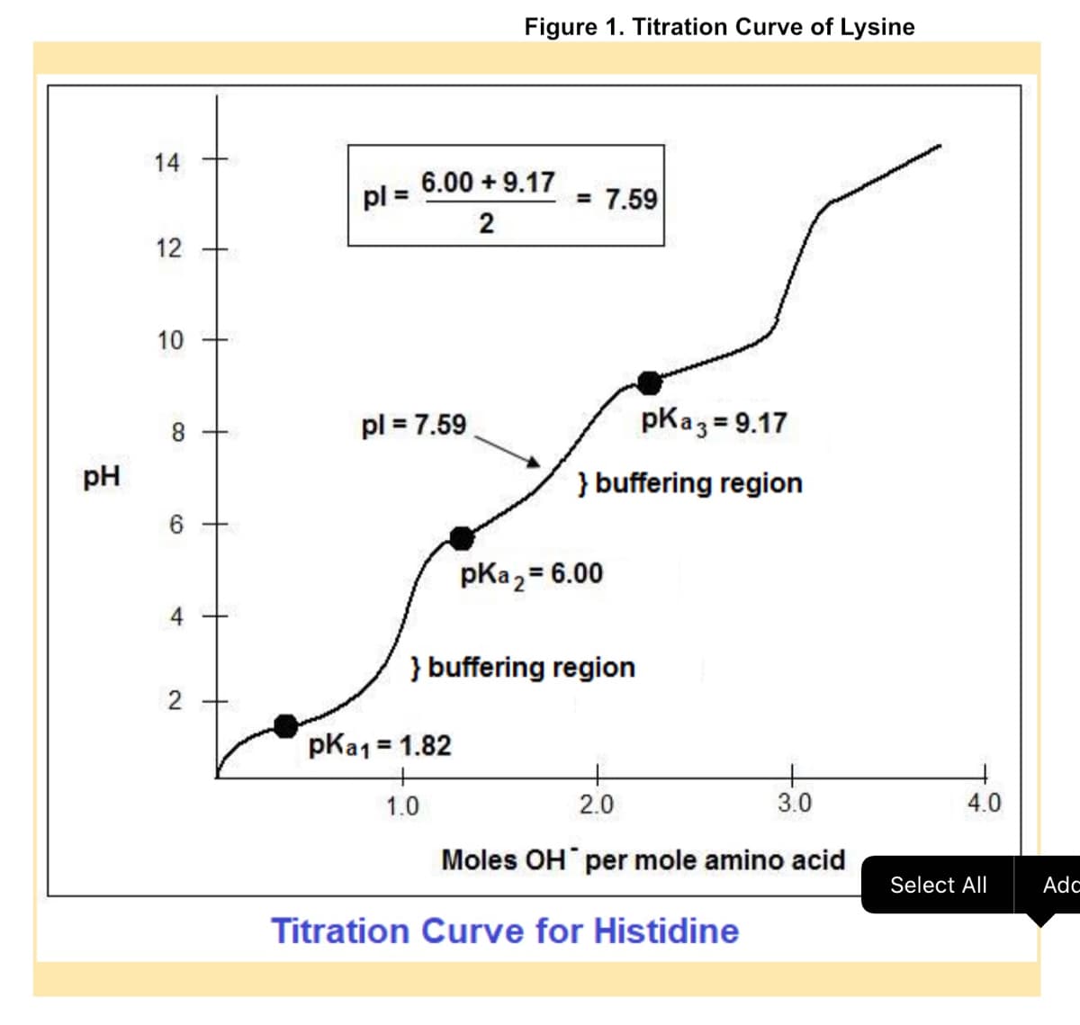 Figure 1. Titration Curve of Lysine
6.00 + 9.17
pl =
= 7.59
2
12
10
8
pl = 7.59
pKa3 = 9.17
pH
} buffering region
pKa2= 6.00
} buffering region
pKa1 = 1.82
1.0
2.0
3.0
4.0
Moles OH per mole amino acid
Select All
Adc
Titration Curve for Histidine
4-
2.
14
