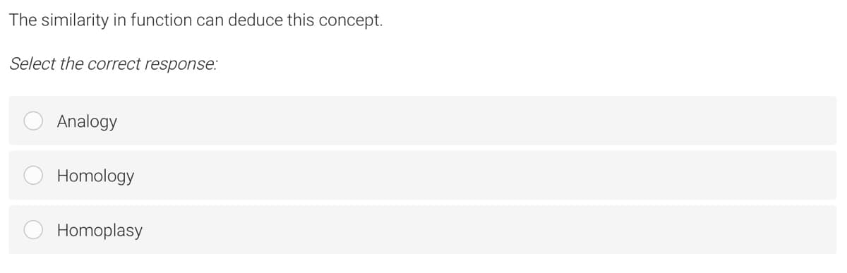 The similarity in function can deduce this concept.
Select the correct response:
Analogy
Homology
Homoplasy
