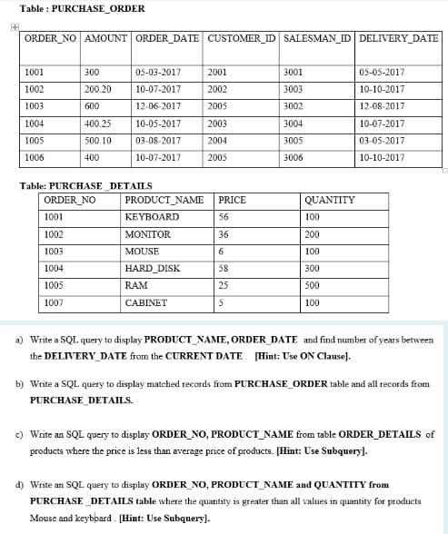 Table : PURCHASE_ORDER
ORDER_NO AMOUNT ORDER DATE CUSTOMER_ID SALESMAN_ID DELIVERY DATE
1001
300
05-03-2017
2001
3001
05-05-2017
1002
200.20
10-07-2017
2002
3003
10-10-2017
1003
600
12-06-2017
2005
3002
12-08-2017
1004
400.25
10-05-2017
2003
3004
10-07-2017
1005
500.10
03-08-2017
2004
3005
03-05-2017
1006
400
10-07-2017
2005
3006
10-10-2017
Table: PURCHASE _DETAILS
ORDER_NO
PRODUCT_NAME
PRICE
QUANTITY
1001
KEYBOARD
56
100
1002
MONITOR
36
200
1003
MOUSE
100
1004
HARD_DISK
58
300
1005
RAM
25
500
1007
CABINET
100
a) Write a SQL query to display PRODUCT_NAME, ORDER DATE and find number of years between
the DELIVERY_ DATE from the CURRENT DATE
[Hint: Use ON Clause].
b) Write a SQL query to display matched records from PURCHASE_ORDER table and all records from
PURCHASE_DETAILS.
c) Write an SQL query to display ORDER_NO, PRODUCT_NAME from table ORDER_DETAILS of
products where the price is less than average price of products. [Hint: Use Subquery].
d) Write an SQL query to display ORDER_NO, PRODUCT_NAME and QUANTITY from
PURCHASE _DETAILS table where the quantity is greater than all values in quantity for products
Mouse and keybbard. [Hint: Use Subquery).
