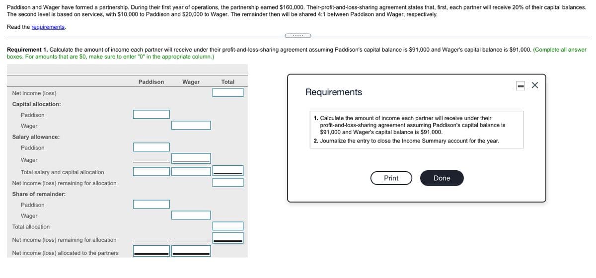 Paddison and Wager have formed a partnership. During their first year of operations, the partnership earned $160,000. Their-profit-and-loss-sharing agreement states that, first, each partner will receive 20% of their capital balances.
The second level is based on services, with $10,000 to Paddison and $20,000 to Wager. The remainder then will be shared 4:1 between Paddison and Wager, respectively.
Read the requirements.
.....
Requirement 1. Calculate the amount of income each partner will receive under their profit-and-loss-sharing agreement assuming Paddison's capital balance is $91,000 and Wager's capital balance is $91,000. (Complete all answer
boxes. For amounts that are $o, make sure to enter "0" in the appropriate column.)
Paddison
Wager
Total
Net income (Iloss)
Requirements
Capital allocation:
Paddison
1. Calculate the amount of income each partner will receive under their
profit-and-loss-sharing agreement assuming Paddison's capital balance is
$91,000 and Wager's capital balance is $91,000.
Wager
Salary allowance:
2. Journalize the entry to close the Income Summary account for the year.
Paddison
Wager
Total salary and capital allocation
Print
Done
Net income (loss) remaining for allocation
Share of remainder:
Paddison
Wager
Total allocation
Net income (loss) remaining for allocation
Net income (loss) allocated to the partners
