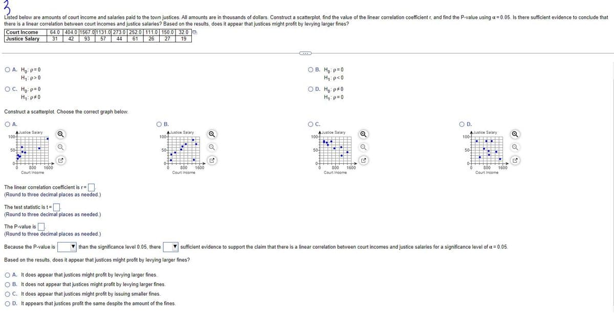 3
Listed below are amounts of court income and salaries paid to the town justices. All amounts are in thousands of dollars. Construct a scatterplot, find the value of the linear correlation coefficient r, and find the P-value using a = 0.05. Is there sufficient evidence to conclude that
there is a linear correlation between court incomes and justice salaries? Based on the results, does it appear that justices might profit by levying larger fines?
Court Income
Justice Salary
OA. Ho: p=0
H₁: p>0
OC. Ho: p=0
H₁: p#0
Construct a scatterplot. Choose the correct graph below.
OA.
AJustice Salary
100+
50
0
64.0 404.0 1567.0 1131.0 273.0 252.0 111.0 150.0 32.0
61 26 27 19
31
42 93 57 44
800 1600
Court Income
Q
Q
The linear correlation coefficient is r=
(Round to three decimal places as needed.)
The test statistic is t =
(Round to three decimal places as needed.)
The P-value is
(Round to three decimal places as needed.)
Because the P-value is
O B.
AJustice Salary
100+
50-
▬▬▬▬▬▬▬t
HHH
THIH
▬▬▬▬▬▬
▬▬▬▬▬▬▬▬▬▬▬
H
I
0|||||▬▬▬▬▬▬▬>
800
Court Income
0
than the significance level 0.05, there
Based on the results, does it appear that justices might profit by levying larger fines?
O A. It does appear that justices might profit by levying larger fines.
OB. It does not appear that justices might profit by levying larger fines.
OC. It does appear that justices might profit by issuing smaller fines.
OD. It appears that justices profit the same despite the amount of the fines..
1600
Q
OB. Ho: p=0
H₁: p<0
O D. Ho: p#0
H₁: p=0
O C.
AJustice Salary
▬▬▬▬▬▬▬▬▬▬▬▬▬▬▬
..
PHHHH
HIPH
▬▬▬▬▬▬▬
ta
100+
50-
04
0
800 1600
Court Income
Q
M
O D.
AJustice Salary
100
50-
¹04
0-
0
II ▬▬
||||| H
| | | | | |
H
||||
++++
HHH>
800 1600
Court Income
sufficient evidence to support the claim that there is a linear correlation between court incomes and justice salaries for a significance level of a = 0.05.
Q