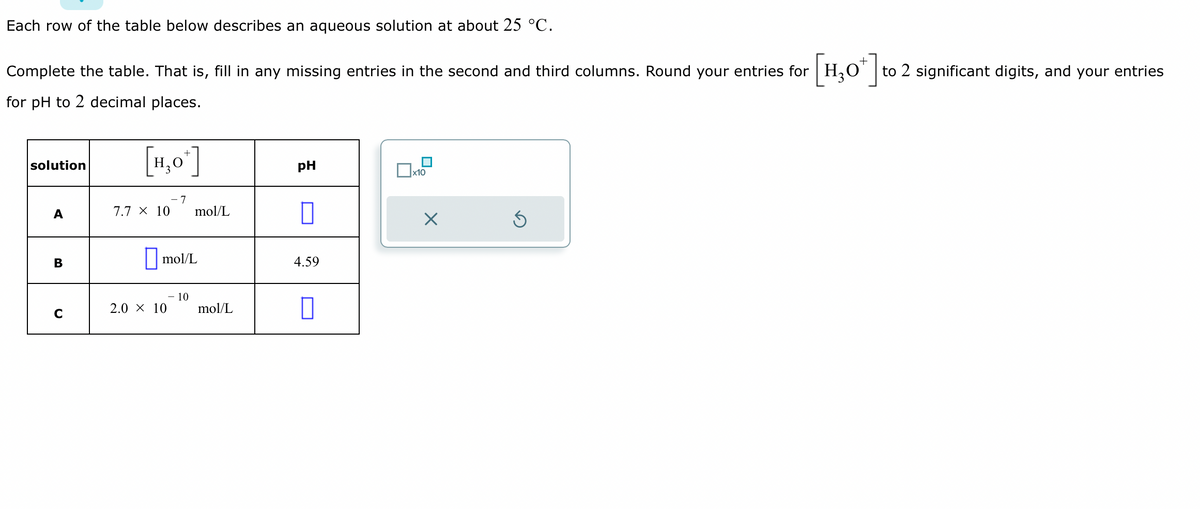 Each row of the table below describes an aqueous solution at about 25 °C.
Complete the table. That is, fill in any missing entries in the second and third columns. Round your entries for H₂
for pH to 2 decimal places.
solution
A
B
C
[H₂O*]
7.7 X 10
- 7
2.0 × 10
mol/L
mol/L
- 10
mol/L
pH
0
4.59
x10
X
[H3O+] to 2 significant digits, and your entries
S