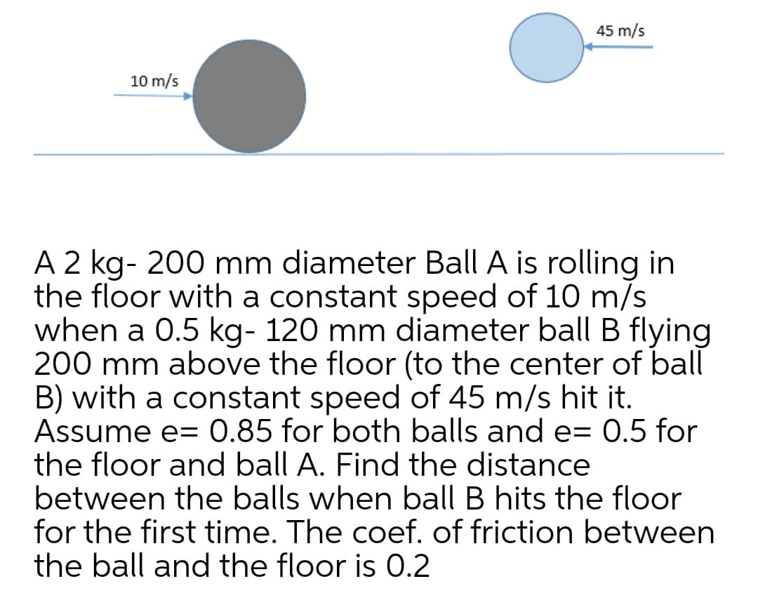 45 m/s
10 m/s
A 2 kg- 200 mm diameter Ball A is rolling in
the floor with a constant speed of 10 m/s
when a 0.5 kg- 120 mm diameter ball B flying
200 mm above the floor (to the center of ball
B) with a constant speed of 45 m/s hit it.
Assume e= 0.85 for both balls and e= 0.5 for
the floor and ball A. Find the distance
between the balls when ball B hits the floor
for the first time. The coef. of friction between
the ball and the floor is 0.2
||
%3D
