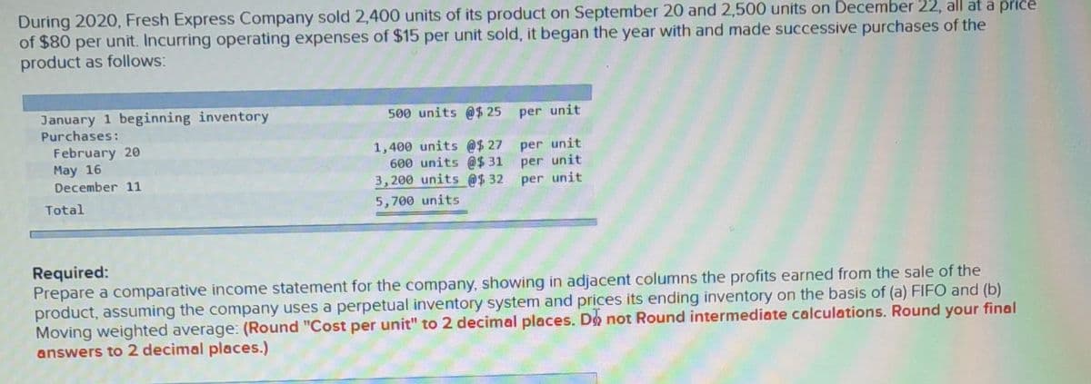 During 2020, Fresh Express Company sold 2,400 units of its product on September 20 and 2,500 units on December 22, all at a price
of $80 per unit. Incurring operating expenses of $15 per unit sold, it began the year with and made successive purchases of the
product as follows:
January 1 beginning inventory
Purchases:
February 20
May 16
December 11
Total
500 units @$25 per unit
per unit
1,400 units @$27
600 units @$ 31
3,200 units @$ 32
5,700 units
per unit
per unit
Required:
Prepare a comparative income statement for the company, showing in adjacent columns the profits earned from the sale of the
product, assuming the company uses a perpetual inventory system and prices its ending inventory on the basis of (a) FIFO and (b)
Moving weighted average: (Round "Cost per unit" to 2 decimal places. Do not Round intermediate calculations. Round your final
answers to 2 decimal places.)