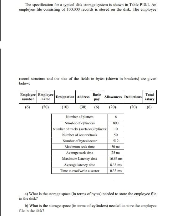 The specification for a typical disk storage system is shown in Table P18.1. An
employee file consisting of 100,000 records is stored on the disk. The employee
record structure and the size of the fields in bytes (shown in brackets) are given
below:
Employee Employee
number name
(6)
(20)
Designation Address
(10) (30)
Basic
pay
(6)
Number of platters
Number of cylinders
Allowances Deductions
(20)
Number of tracks (surfaces)/cylinder
Number of sectors/track
Number of bytes/sector
Maximum seek time
Average seek time
Maximum Latency time
Average latency time
Time to read/write a sector
6
800
10
50
512
50 ms
25 ms
16.66 ms
8.33 ms
0.33 ms
(20)
Total
salary
(6)
a) What is the storage space (in terms of bytes) needed to store the employee file
in the disk?
b) What is the storage space (in terms of cylinders) needed to store the employee
file in the disk?