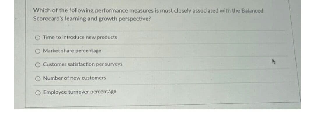 Which of the following performance measures is most closely associated with the Balanced
Scorecard's learning and growth perspective?
O Time to introduce new products
O Market share percentage
O Customer satisfaction per surveys
O Number of new customers
O Employee turnover percentage
