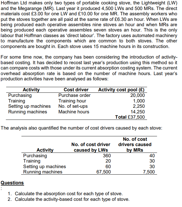 Hoffman Ltd makes only two types of portable cooking stove, the Lightweight (LW)
and the Megarange (MR). Last year it produced 4,500 LWS and 500 MRs. The direct
materials cost £3.00 for one LW and £10.00 for one MR. The assembly workers who
put the stoves together are all paid at the same rate of £6.30 an hour. When LWs are
being produced each operative assembles nine stoves an hour and when MRs are
being produced each operative assembles seven stoves an hour. This is the only
labour that Hoffman classes as 'direct labour'. The factory uses automated machinery
to manufacture the components which are common to both stoves. The other
components are bought in. Each stove uses 15 machine hours in its construction.
For some time now, the company has been considering the introduction of activity-
based costing. It has decided to recost last year's production using this method so it
can compare costs with those under its current absorption costing system. The current
overhead absorption rate is based on the number of machine hours. Last year's
production activities have been analysed as follows:
Activity
Purchasing
Training
Setting up machines
Running machines
Cost driver
Purchase order
Training hour
No. of set-ups
Machine hours
Activity
14,250
Total £37,500
The analysis also quantified the number of cost drivers caused by each stove:
No. of cost
drivers caused
by MRs
Activity cost pool (£)
20,000
1,000
2,250
Purchasing
Training
Setting up machines
Running machines
No. of cost driver
caused by LWs
360
20
60
67,500
Questions
1. Calculate the absorption cost for each type of stove.
2. Calculate the activity-based cost for each type of stove.
40
30
30
7,500