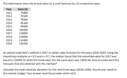 The table below show the annual sales for a small business for 10 consecutive years.
Sales (€)
75800
70100
78100
85100
94600
Year
2011
2012
2013
2014
2015
2016
2017
2018
2019
2020
106200
118600
104000
114400
130200
An analyst used Holt's method in 2017 to obtain sales forecasts for the years 2018-2020. Using the
smoothing constants w=0.5 and v=0.7, the analyst found that the smoothed value for 2017 was
equal to 116045.31 while the trend value (for the same year) was 13695.64. How accurate were the
forecasts that she obtained with this method?
Calculate the mean absolute deviation for the next three years (2018-2020). Round your result to
the nearest integer. Your answer must be accurate within 10.5.