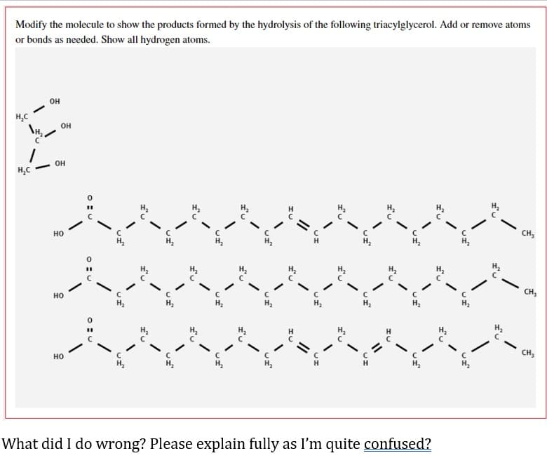 Modify the molecule to show the products formed by the hydrolysis of the following triacylglycerol. Add or remove atoms
or bonds as needed. Show all hydrogen atoms.
OH
th₂
H₂C
OH
\H₂
1 OH
HO
HO
HO
What did I do wrong? Please explain fully as I'm quite confused?
H₂C
Ou
EU
wan
I'U
UM
ZU
H₂
CH₂
CH₂
CH₂