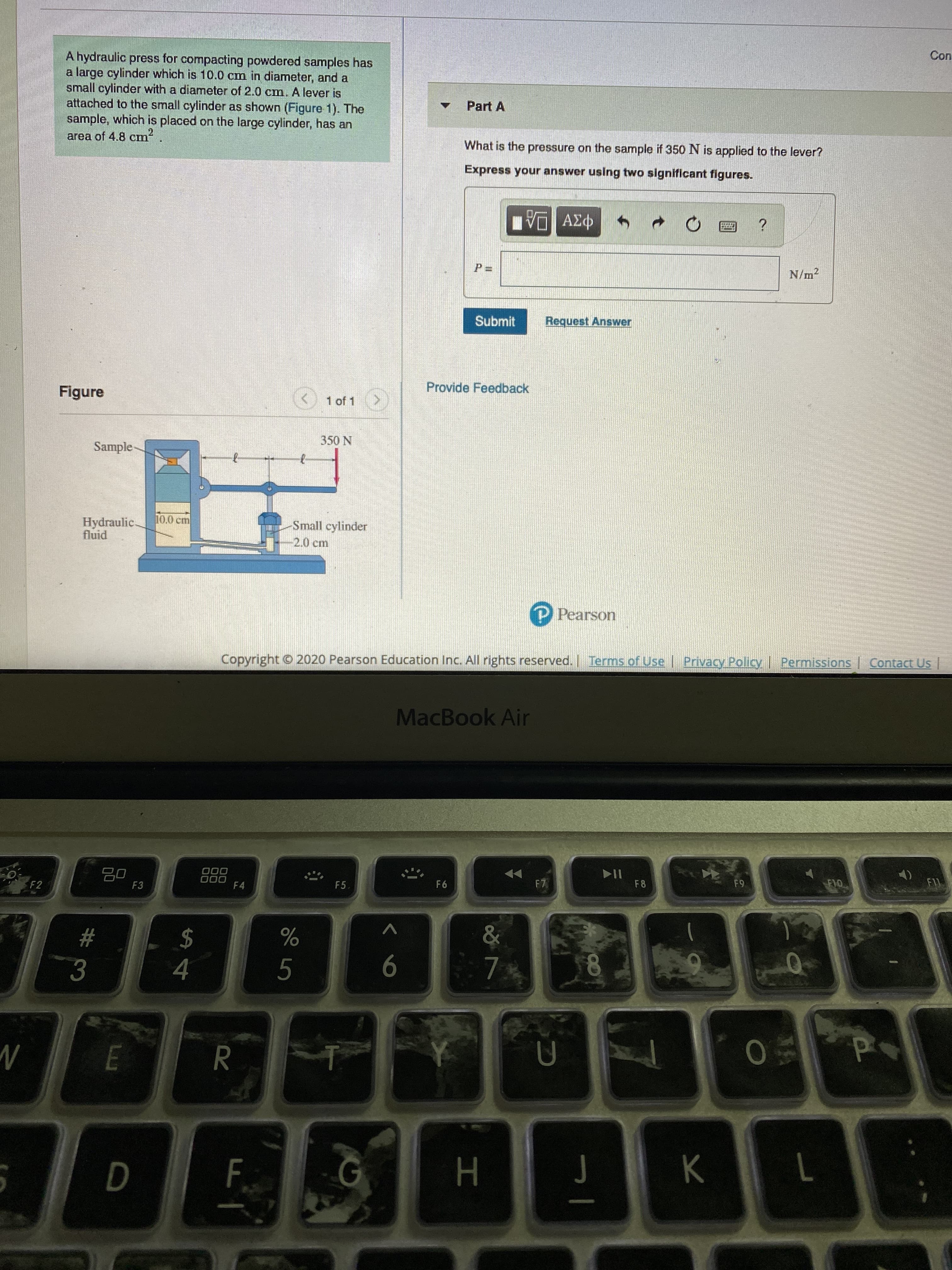 What is the pressure on the sample if 350 N is applied to the lever?
