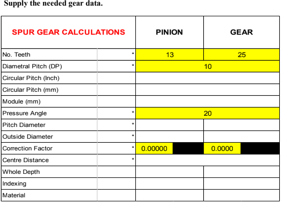 Supply the needed gear data.
SPUR GEAR CALCULATIONS
PINION
GEAR
No. Teeth
13
25
Diametral Pitch (DP)
10
Circular Pitch (Inch)
Circular Pitch (mm)
Module (mm)
Pressure Angle
20
Pitch Diameter
Outside Diameter
Correction Factor
0.00000
0.0000
Centre Distance
Whole Depth
Indexing
Material
