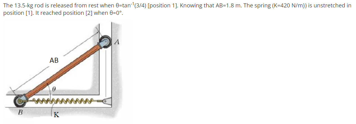 The 13.5-kg rod is released from rest when 0=tan(3/4) [position 1]. Knowing that AB=1.8 m. The spring (K=420 N/m}) is unstretched in
position [1]. It reached position [2] when 0=0°.
АВ
K
